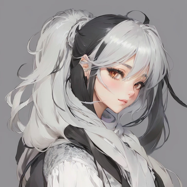 Anime Girls with long white hair and black and white scarf, Silver Hair (ponytail), portrait Anime Girls, (Anime Girls), Anime Girls with long hair, cute Anime Girls portraits, Silver Hair girl, portrait of an Anime Girls, Beautiful anime portraits, Gray-haired, profile of Anime Girls, detailed portrait of Anime Girls, Gray-haired, Anime Girls portrait, cute anime portrait