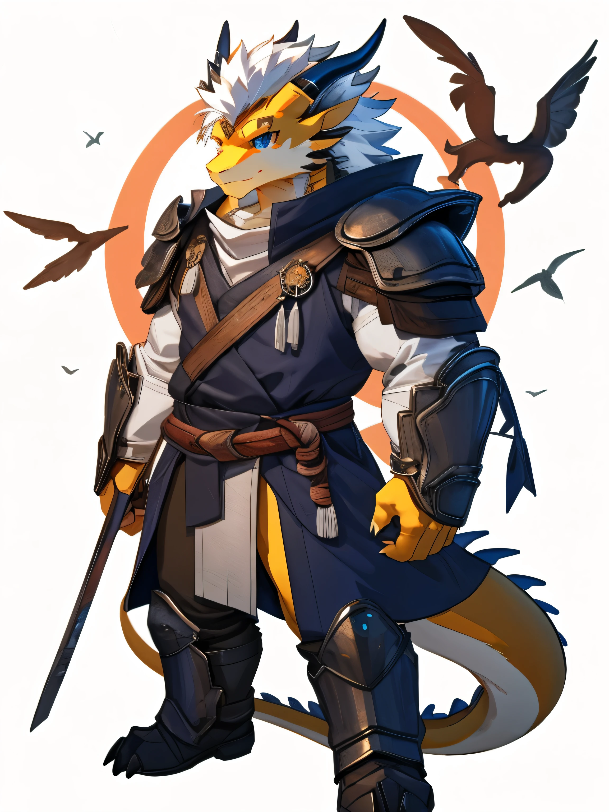 nj5furry,kemono,full-length portrait,anthro,hi res,male,White hair,Golden dragon,warrior,Metal Armor,strong,Fluffy hair,A tail,Delicate eyes,Detailed eyes