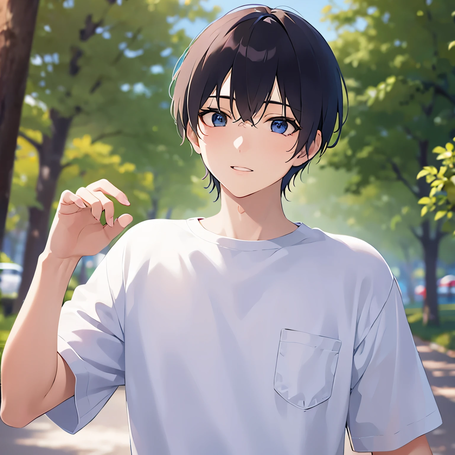 hand up, Biologically correct five fingers、upper body、shiny skin, masterpiece、Highest quality、(25-year-old male:1.5) and (Black short hair) and (blue eyes), BREAK (white) and (T-Shirts) BREAK 立っている、confused, The background is a park、alone