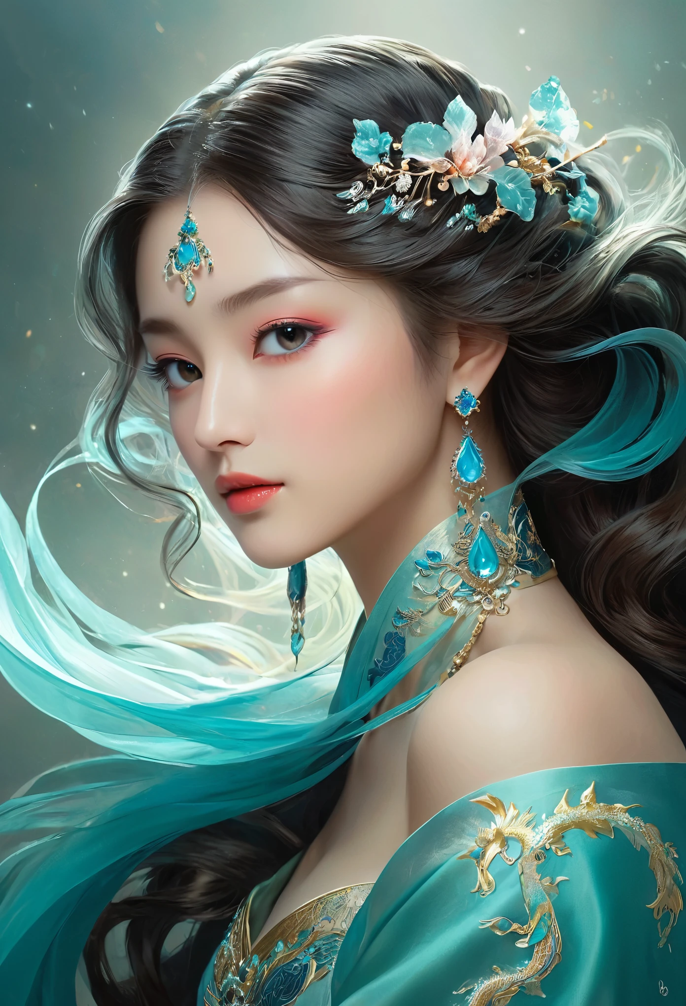 *8K masterpiece, Highest quality, Highest quality, Official Art, (Beauty and aesthetics: 1.3), Very detailed, (Fractal Art: 1.3), (She is half French and half Japanese, and is a stunning beauty with detailed eyes and a high nose:1.1), thick eyebrows, colorful, Ice and Chinese dragon, Serpentine, nail, cyan and 1 Woman, Hanwomen's Media, Hanfu, detailed facial features, long graceful neck, flowing locks of hair, poised and elegant posture, soft and delicate lighting, dreamy atmosphere, Surrealism, mystical aura, Charlie Bowater, 