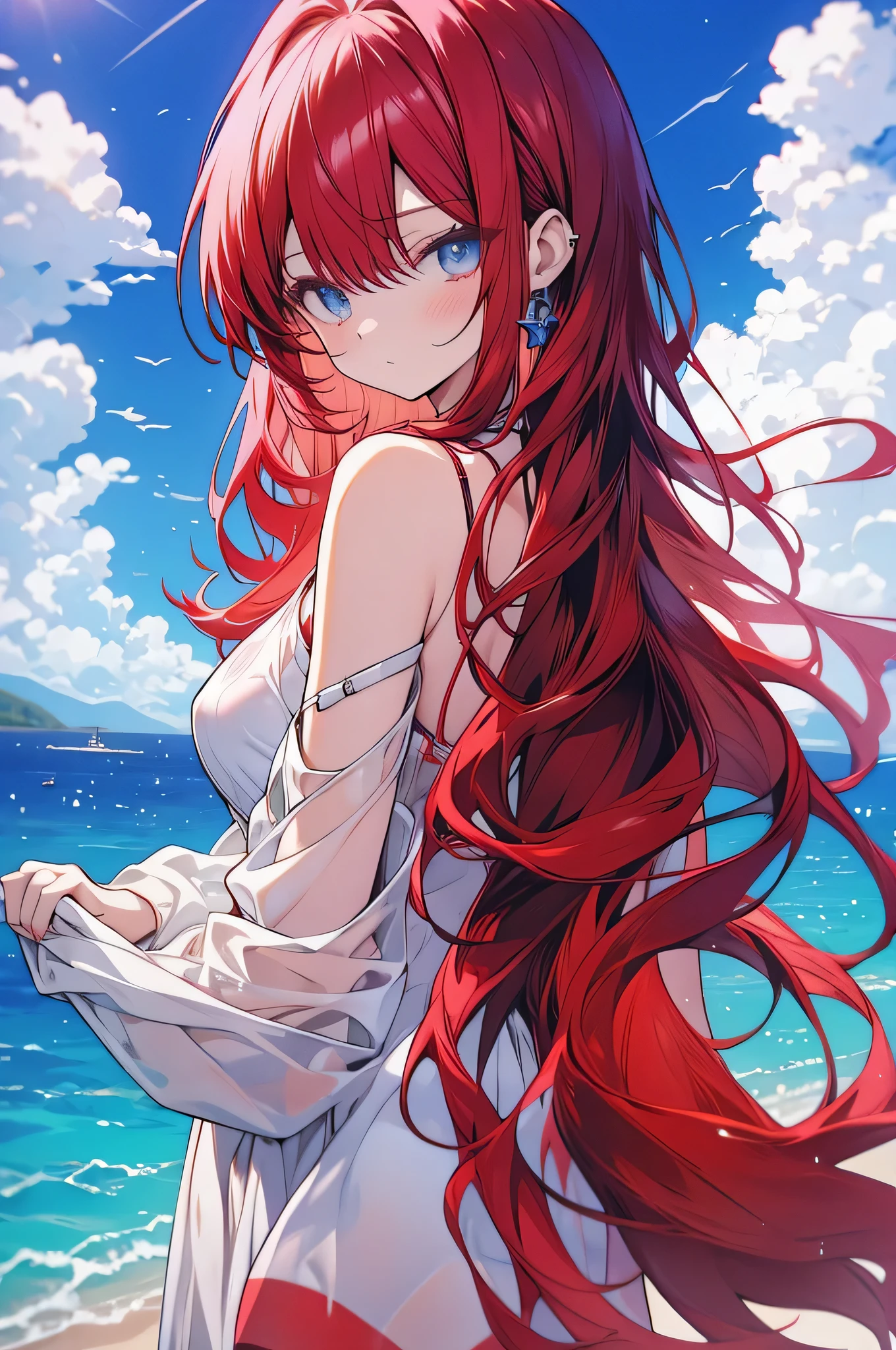 Cherry red hair, blue eyes. Wearing a swimsuit and a cover up.