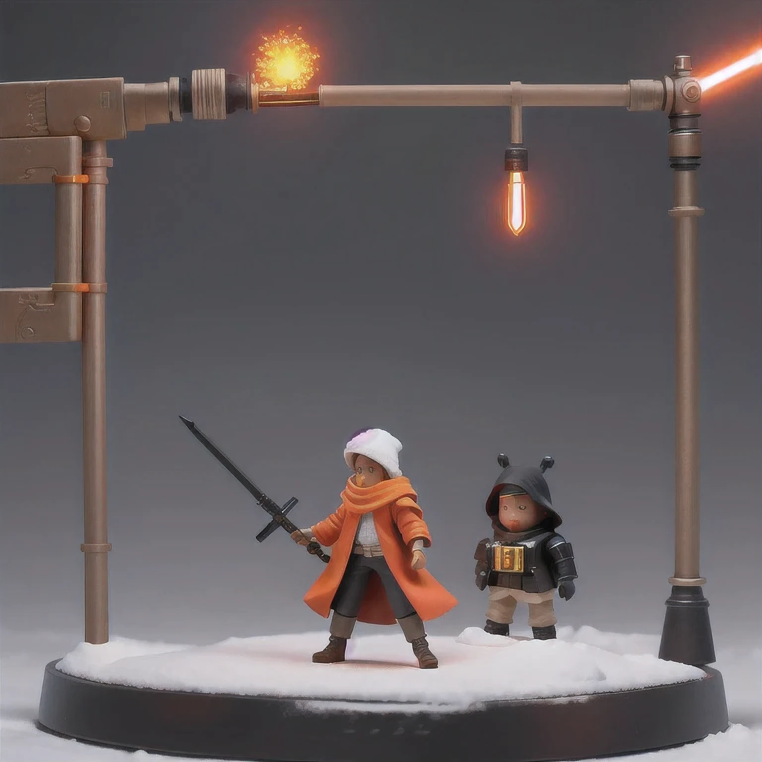 Black gold silk cyberpunk mine snow light orange rough linen cloak Trump lightsaber space floating 1:6 Miniatures，illustration