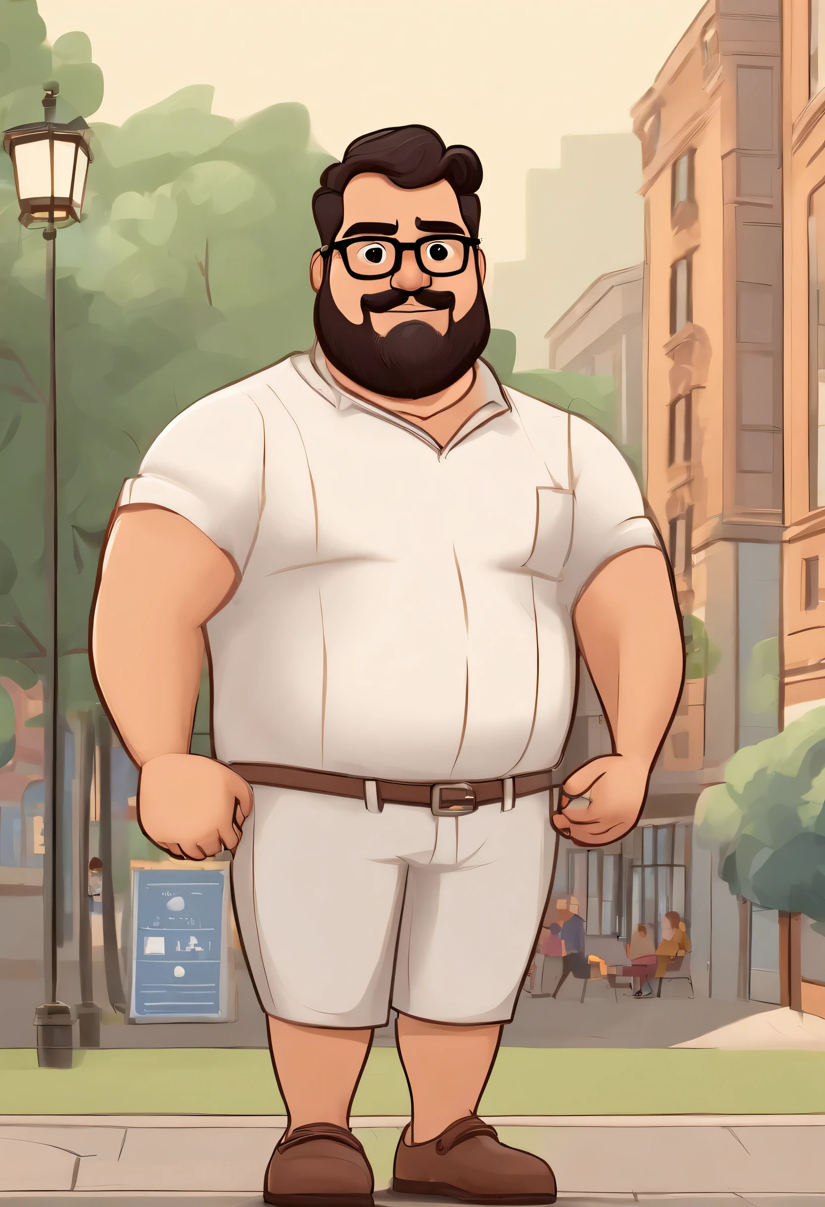 36 year old man, Wearing rectangular glasses and a beard, light brown skin, slicked black hair, a little overweight, fatter. The image style should be Disney Pixar 3D. 3D Pixar style drawing of a weight loss clinic in the city center with a character in the foreground, disney pixar style, high qualiy, best qualityer