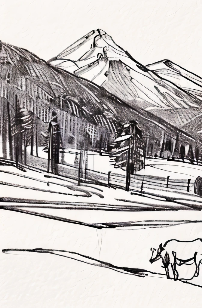 Pencil sketch of rolling hills with animals grazing