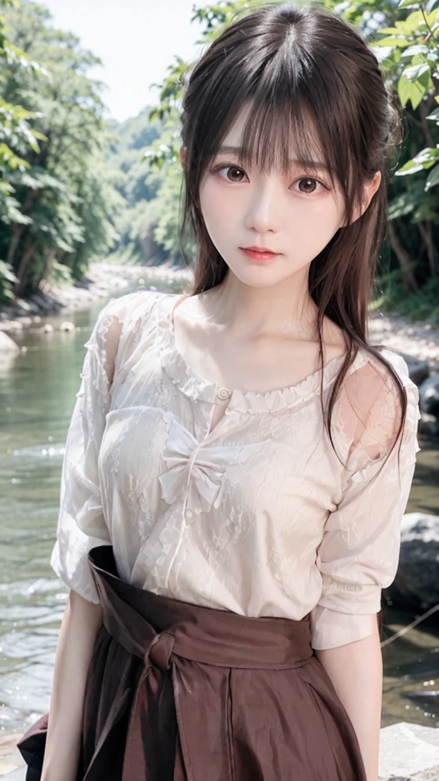 A super cute-faced tsundere with a lewd pose, a beautiful girl、Waist size is 21 inches、A cute pleated skirt with an ultra-thin waist、Cute oversized shirt、Big Breasts、A forest road along a river hidden from view、The highest standard of ultra-high definition full-body photos、(Small face)、No makeup、Sexy lips、Chignon hairstyle、