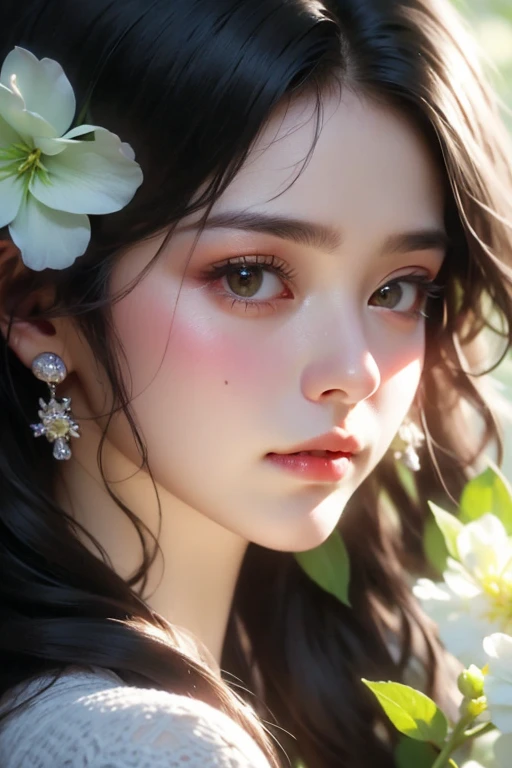 Ladies and bouquets,Portrait close-up,She looked at me with very beautiful and kind eyes.Detailed Schneider pastel ink, soft and fantastic, Fluffy, (Extremely fine and beautiful), (perfect detail)、(Pastel color),Soft texture:1.2.(masutepiece, Best quality), (finely detailed beautiful eye), (Dark bright eyes),(finely detailed eyes and detailed face),(Jet-black silky hair), (Black hair like a spring),The hue is also noticeably brighter.Pale blurred silhouette,Surrounded by plenty of flowers,