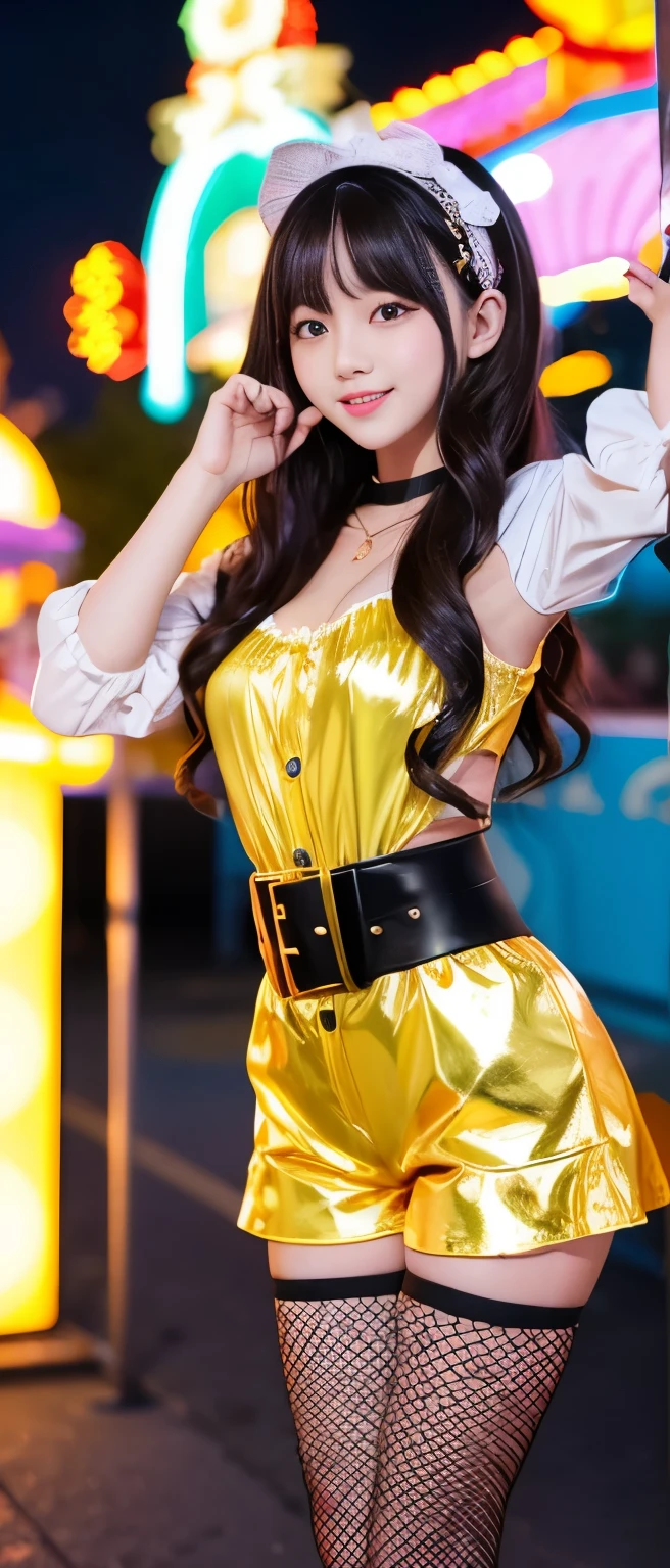 Gorgeous idol girl、whole body、Good style、、、、、、、、、、Thick legs、Gold tight shorts costume、Ruffled jacket、Cool girl face、、、Illuminated amusement park at night、、Flare Belt、、Fishnet tights