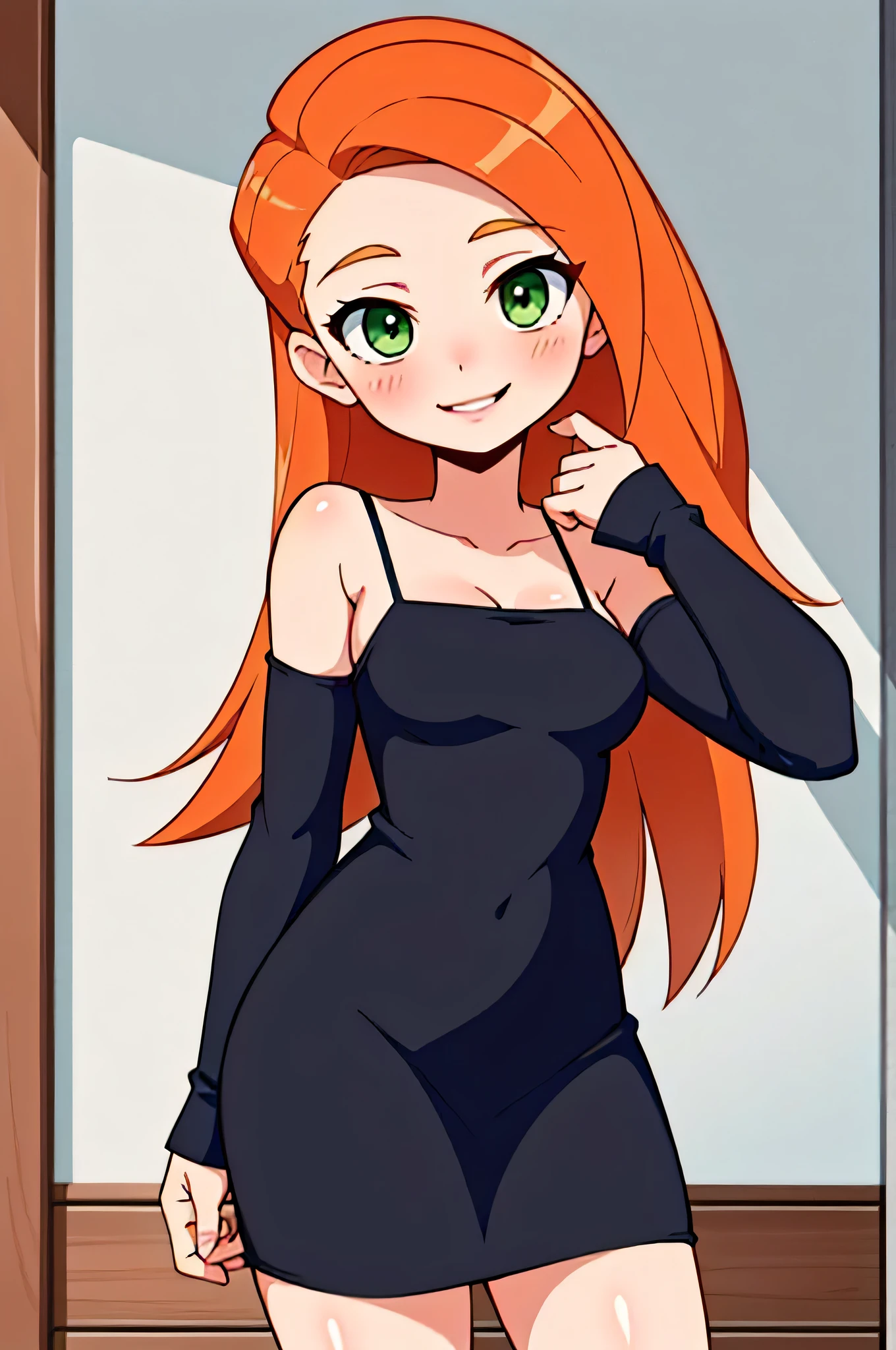 (kim possible:1.3), long hair, green eyes, (sexy black dress:1.1), blush, medium breasts, orange hair, black spaghetti strap dress, bare arms, bare neck, indoors room, standing up, sexy eyes, smile, Masterpiece, best quality, detailed background, intricate details, detailed, looking at viewers, cowboy shot