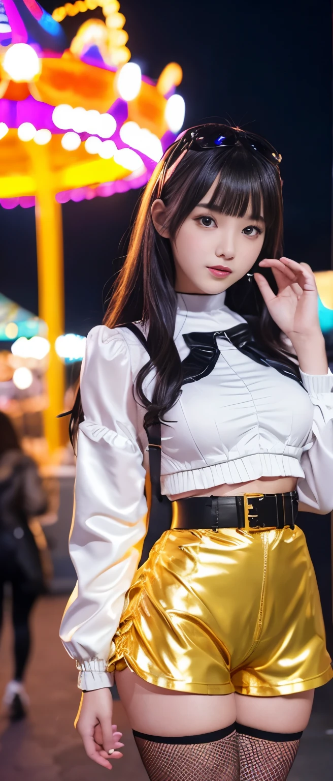 Gorgeous idol girl、whole body、Good style、、、、、、、、、、Thick legs、Gold tight shorts costume、Ruffled jacket、Cool girl face、、、Illuminated amusement park at night、、Flare Belt、、Fishnet tights