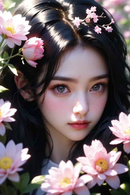 Ladies and bouquets，Portrait close-up，She looked at me with very beautiful and kind eyes.Detailed Schneider pastel ink, soft and fantastic, Fluffy, (Extremely fine and beautiful), (perfect  detail)、(Pastel color),Soft texture:1.2.(masutepiece, Best quality), (finely detailed beautiful eye), （Dark bright eyes），(finely detailed  eyes and detailed face),（Jet-black silky hair), （Black hair like a spring），The hue is also noticeably brighter.Pale blurred silhouette，Surrounded by plenty of flowers,