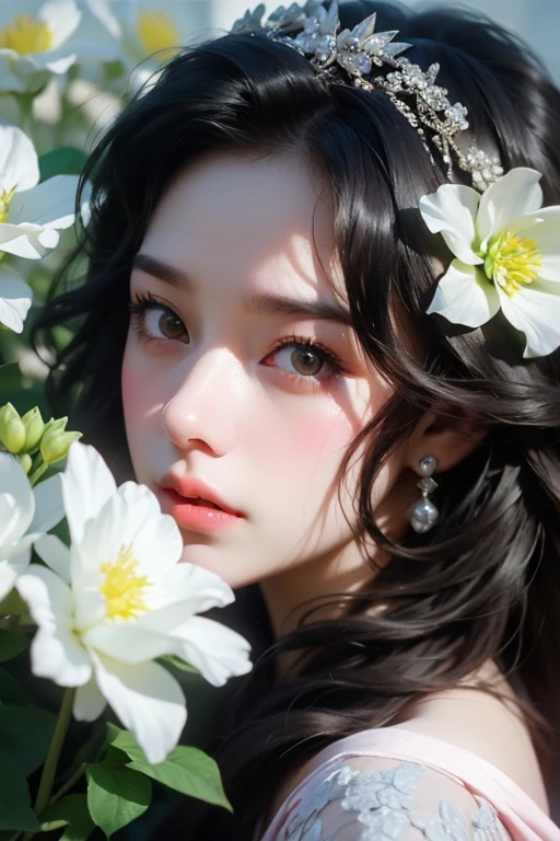 Ladies and bouquets,Portrait close-up,She looked at me with very beautiful and kind eyes.Detailed Schneider pastel ink, soft and fantastic, Fluffy, (Extremely fine and beautiful), (perfect detail)、(Pastel color),Soft texture:1.2.(masutepiece, Best quality), (finely detailed beautiful eye), (Dark bright eyes),(finely detailed eyes and detailed face),(Jet-black silky hair), (Black hair like a spring),The hue is also noticeably brighter.Pale blurred silhouette,Surrounded by plenty of flowers,
