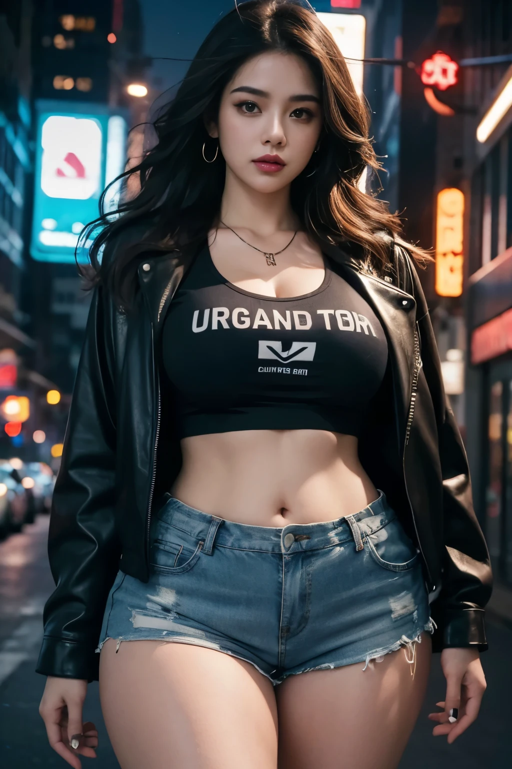 a beautiful woman with plump curvy body, wavy hair, crop tshirt, layered necklace, opened leather jacket, shorts, big thighs, night city street, cyberpunk city, photorealistic, 8k, highly detailed, hyper realistic, dramatic lighting, cinematic, neo-noir style, neon lights, reflective surfaces