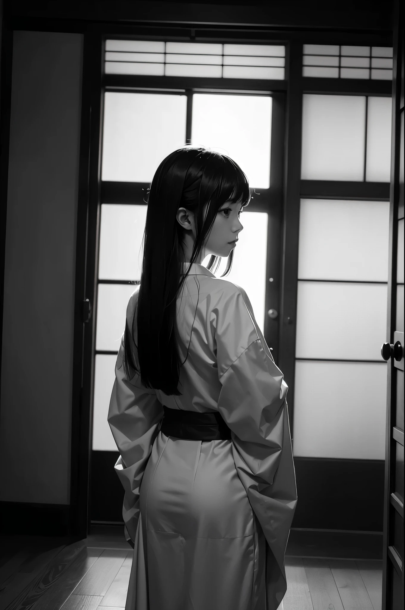 {
  "size": "1024x1024",
  "prompt": "A monochrome photograph capturing a traditional Japanese house interior with a dark, shadowy atmosphere. The scene features sliding fusuma doors on the left and right, leading to a dimly lit room. A young Japanese woman, about , is standing with her back to the camera, facing a window at the back of the room. She is wearing a casual summer yukata, typically worn for festivals, and has white, semi-long hair with bangs. She is striking a pose as if she is about to start dancing. The minimal light entering through the window creates a strong chiaroscuro effect, emphasizing the room's darkness. The overall mood is refined, focusing on the interplay of deep shadows and subtle light, giving the impression of a carefully crafted, elegant photograph."
}
