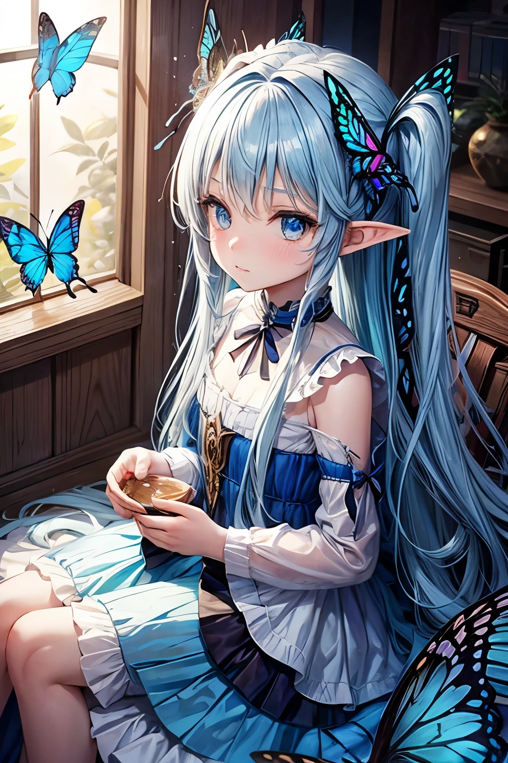 Long blue hair, pointed ears, blue eyes, five-year-old girl, butterfly wings, dress
