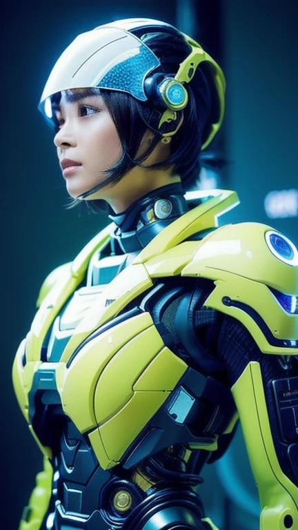 Highest quality, masterpiece, shape, (Realistic, photo-Realistic:1.37), wonderful, In detail, Unbelievably absurd, Very detailed, High resolution, Very detailed CG Unity 8k , Very detailed目と顔, Ray Tracing, The cyborg girl is pure.,She is wearing a mecha armor jacket..。.., Exposing most of her flawless skin. Added armor details to shoulders and head.、wonderfulハイライトがいくつかあります, Tech Panels and Mechanisms. She stands against a futuristic cityscape lit up with vibrant neon lights......、Standing full of energy。.