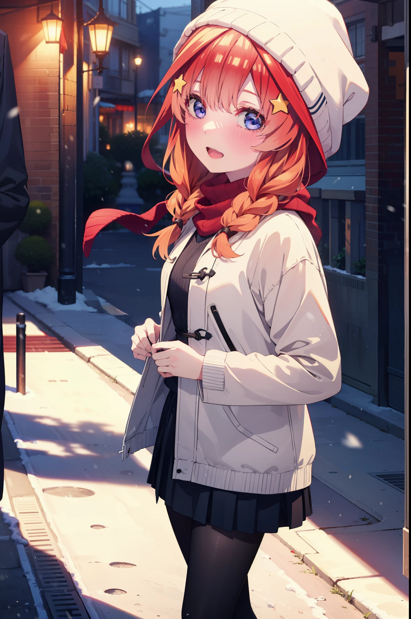 itsukinakano, Itsuki Nakano, bangs, blue eyes, Hair between the eyes, Ahoge, Redhead, star \(symbol\), hair ornaments, star hair ornaments,smile,Open your mouth,White Breath,blush,Long, thick braids,Knitted hat,White scarf,Red long coat,V-neck sweater,Black long skirt,Red pantyhose,short boots,snowが降っている,snowが積もっている,snow,snow,snow,snow,Walking,whole bodyがイラストに入るように,night,
break outdoors,Residential Street,
break looking at viewer, whole body,
break (masterpiece:1.2), Highest quality, High resolution, unity 8k wallpaper, (figure:0.8), (Beautiful attention to detail:1.6), Highly detailed face, Perfect lighting, Highly detailed CG, (Perfect hands, Perfect Anatomy),