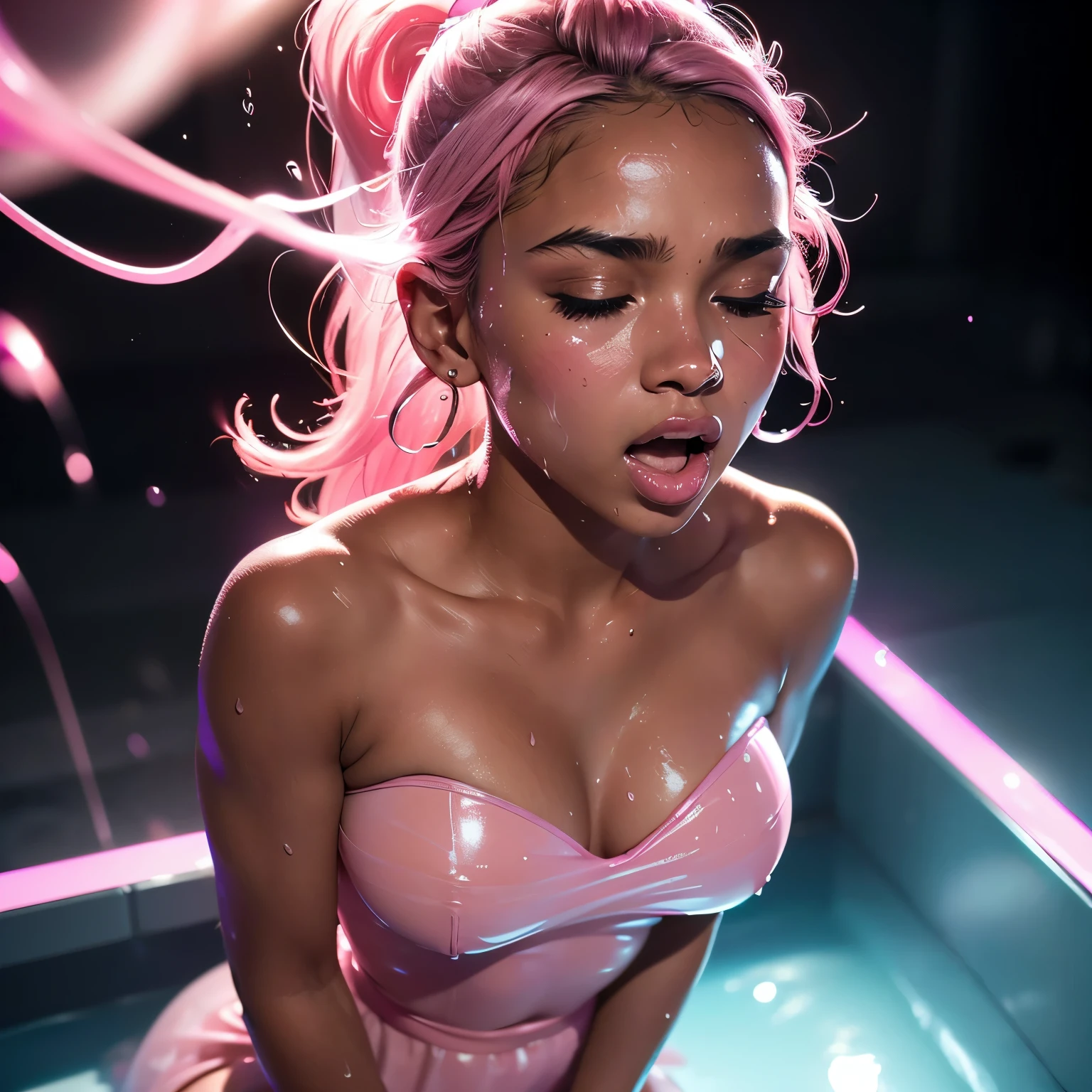 1girl, head phones, under pink bubble water, (18 years old), (Latina), very dark skin, wide shot, (pink strapless dress), , (totally realistic), (Masterpiece, Professional lighting, 16k, 8k wallpaper, raw photo, photorealistic:1.8, ultra detailed, view from above, natural lighting, detailed skin sexy pose, open mouth, big lips, night time, eyes closed, pink light, steam, pink foam, magic energy, neon light, soaked, sweating, crying, screaming