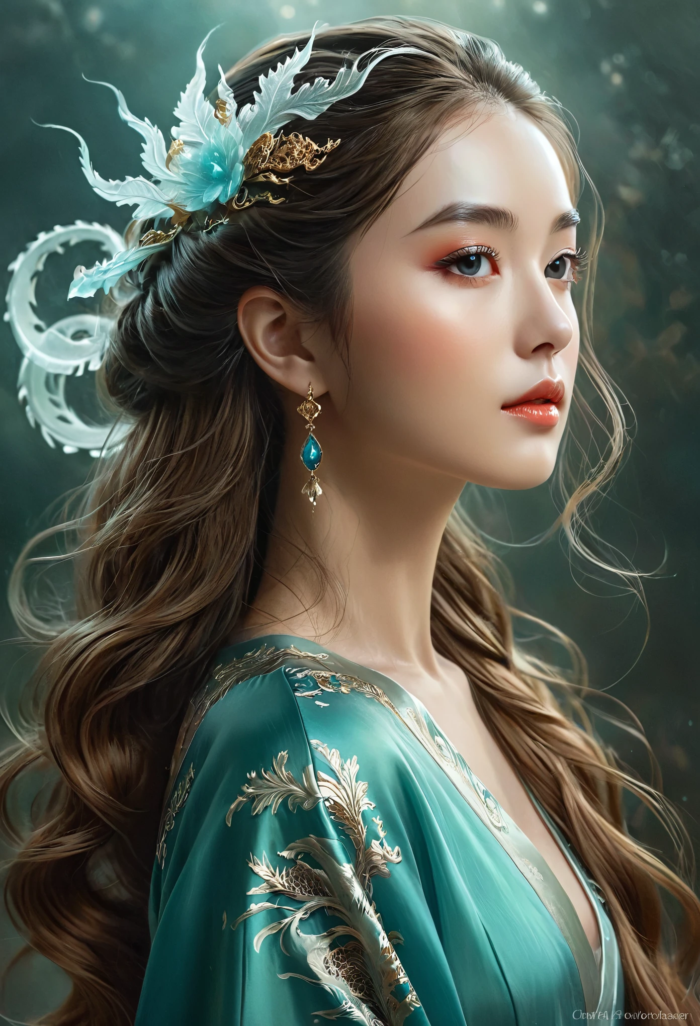 *8K masterpiece, Highest quality, Highest quality, Official Art, (Beauty and aesthetics: 1.3), Very detailed, (Fractal Art: 1.3), (She is half French and half Japanese, and is a stunning beauty with detailed eyes and a high nose:1.1), thick eyebrows, colorful, Ice and Chinese dragon, Serpentine, nail, cyan and 1 Woman, Hanwomen's Media, Hanfu, detailed facial features, long graceful neck, flowing locks of hair, poised and elegant posture, soft and delicate lighting, dreamy atmosphere, Surrealism, mystical aura, Charlie Bowater, 