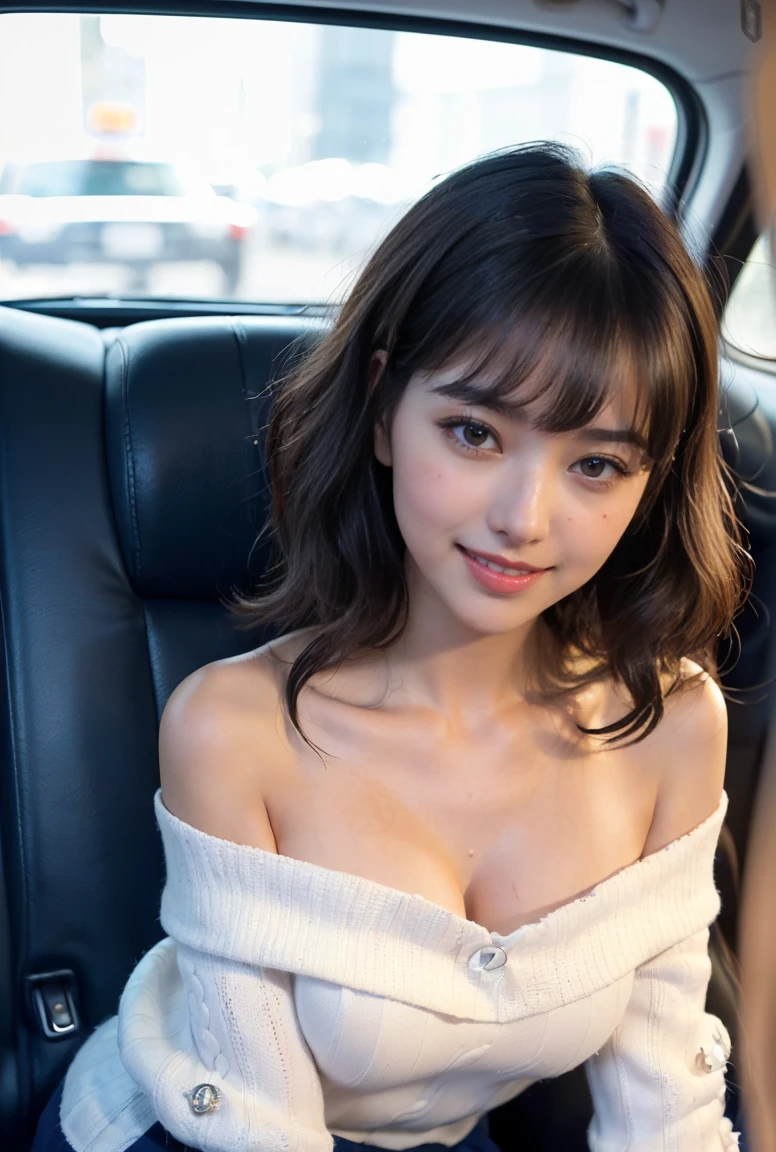 (((neat woman, perverted:1.9,(healthy tan:1.3,showing beautiful suntan lines from chest to shoulder:1.3),touch own nipples over clothes:1.9,little pussy juice:1.9))),(((Emphasize the cleavage,all fours on the seat),huge breasts:1.8,huge breasts,(kind little smile:1.4),blush:1.8))),please touch me,eat me,tempting viewer,i want you))),(((blush,blush)))),(cinematic lighting), (Photo real:1.4)、(A hyper-realistic:1.4)、(Photorealistic:1.3)、 (gentle lighting: 1.05)、(Improve the lighting quality of your video:0.9)、 32k、25years old woman、photorealistic lighting、Back lighting、Facial Lights、Ray Trace、(bright:1.2)、(Increase quality:1.4)、 (best quality real texture skin)、Fair eyes,delicate face、 Close-up of the face, ((((Wearing the white off-shoulder tight knit),white knit,(tight dark blue cotton skirt)、high-heel:1.4))),(Bodyline mood improvement:1.1)、Glossy skin、good figure,perfect anatomy,Beautiful actress,(((beautiful huge soft breasts:1.8,huge breasts,slender waist,slender hip,long slender legs,8heads tall))),(((8heads tall))),(((black wavy midium hair,bangs))),(((sweat skin,shiny skin,in the midnight back seat of taxi,in the city taxi,super clean night view,in the night))),