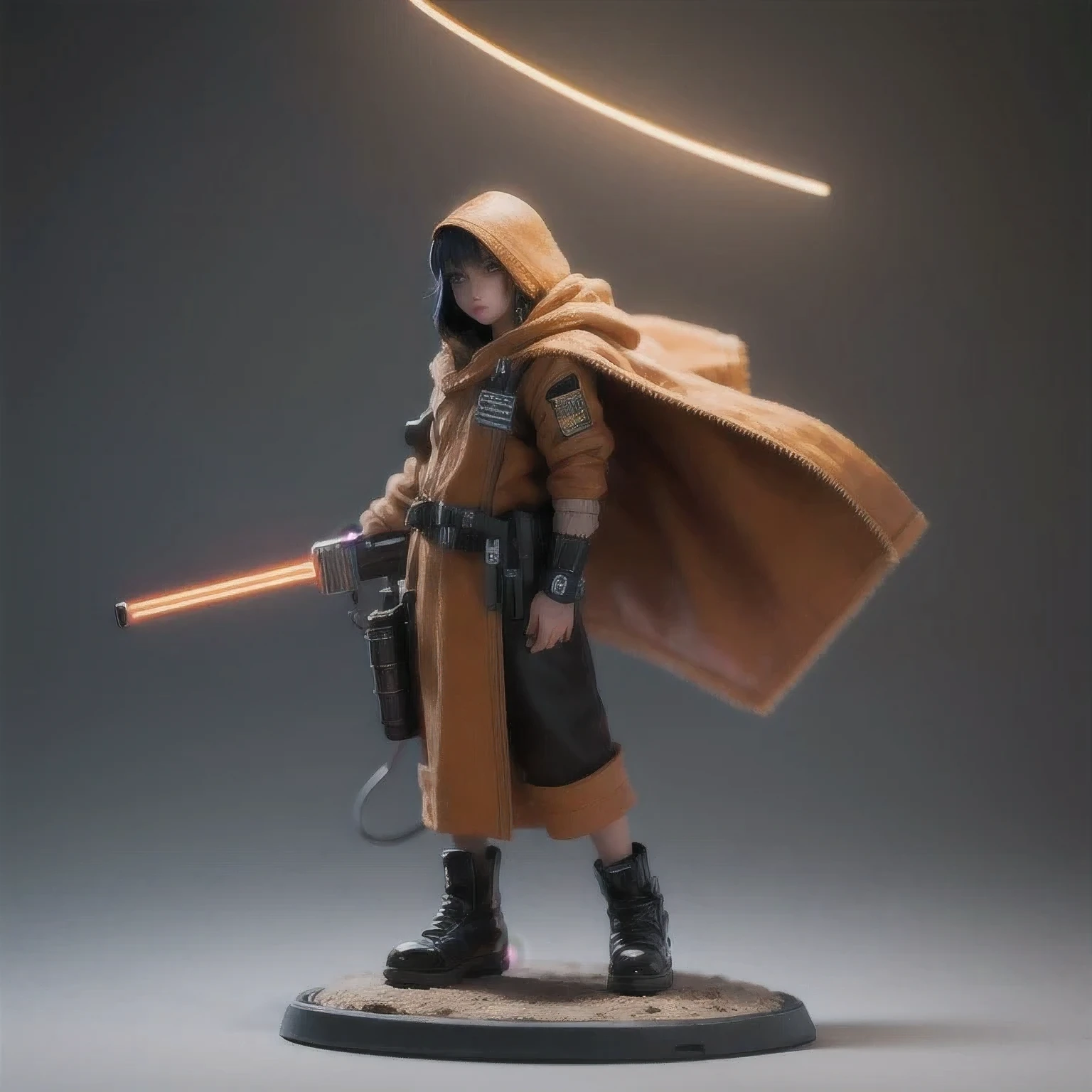 Black gold silk cyberpunk mine snow light orange rough linen cloak rump lightsaber space floating 1:6 Miniatures，illustration