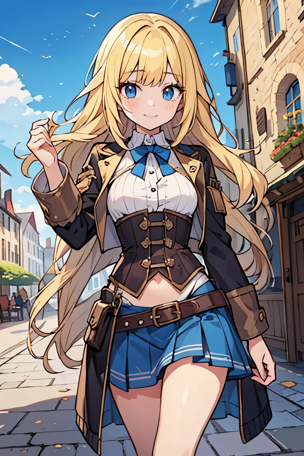 solo girl, (young female body:1.4), ( medium small breasts), knee length hair, yellow long hair, voluminous wavy very long yellow hair, extra long yellow hair, hime cut, light blue eyes, cowboy shot, castle background, medieval town with a castle, outdoor pub, town center, adventurer outfit, blue skirt with belt, long sleeve top, blue corset, steampunk aesthetic, cropped jacket, 