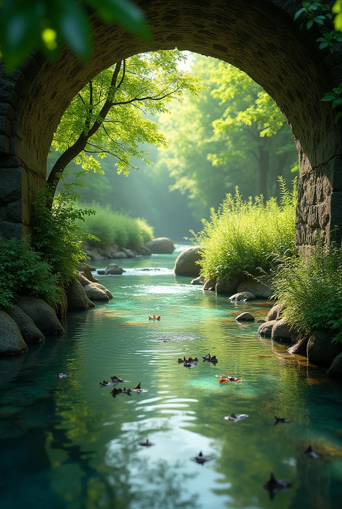 Vision of the waters of a stream, under a bridge, with leaves floating showing images of shadowy faces
