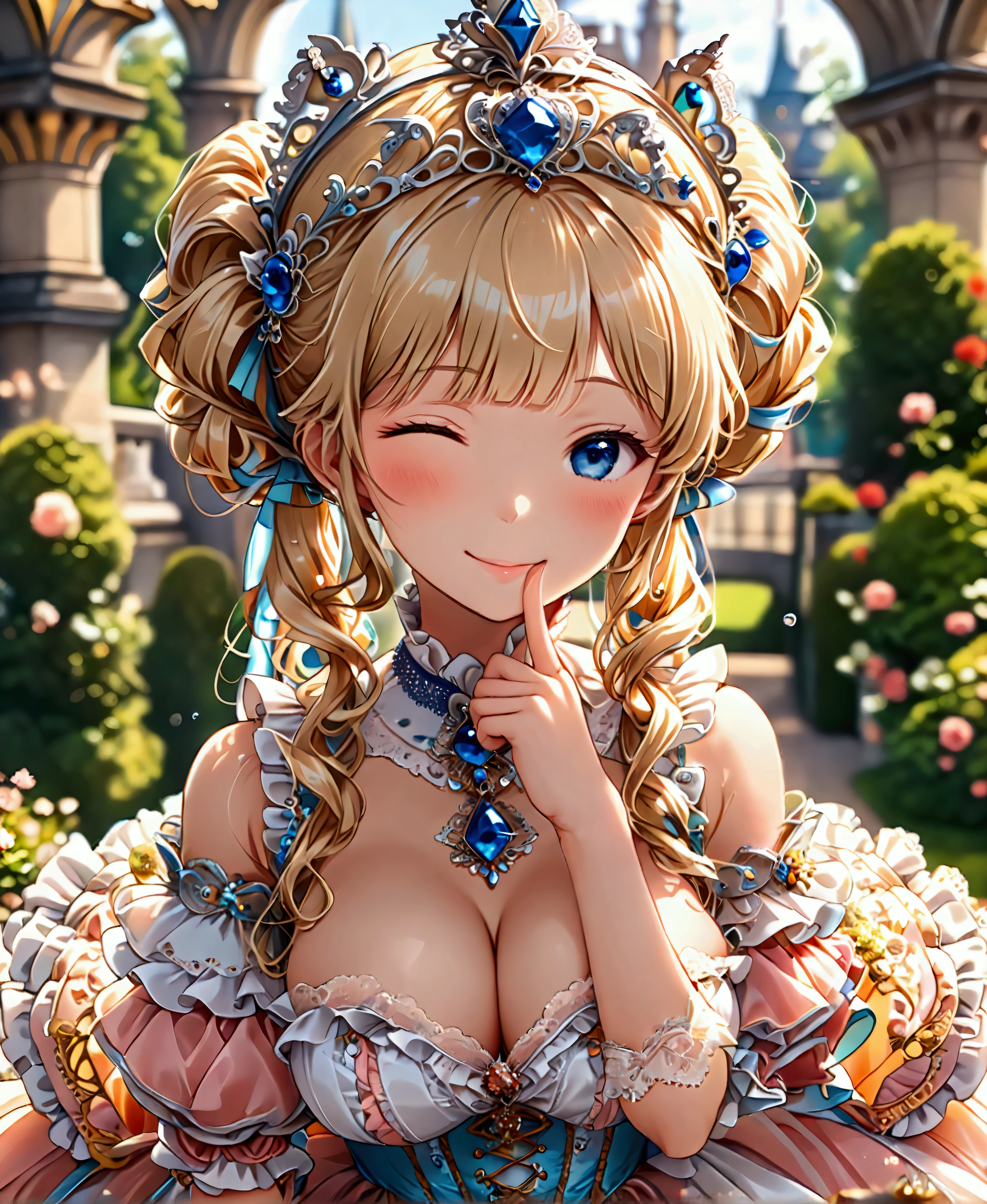 ((superbly detailed drawing, ultra detailed, exquisite quality, ultra high resolution)), ((cute smile, wink, one eye closed)), ((rococo victorian gown with voluminous huge hoopskirt with multilayer ruffle, transparency, brilliant reflection prism)), (solo young princess), super delicate face, very kawaii face, (blond long twintails, smooth curly hair, expressive, super voluminous hair), (blunt bangs, hime_cut:1.3), silver tiara, huge breasts, breasts cleavage, breasts focus, head tilt, leaning forward, front view, from above, ((hand on own chin)), cowboy shot, super detailed skin, (((perfect hands))), (((perfect anatomy))), (royal castle garden, reality:1.2), (blurry background, depth of field:1.4), particle effect, caustics, (anime moe art style),