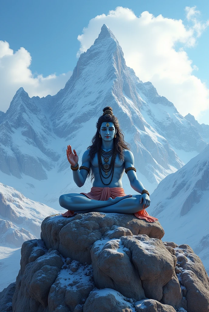 Lord Shiva sitting on rock mountain and mediate position smiling face and blessings hand have beautiful snowy moutains in  background 