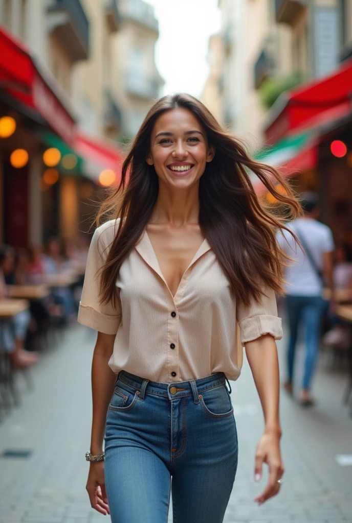 A woman walking towards me with her chest out, looking excited.
