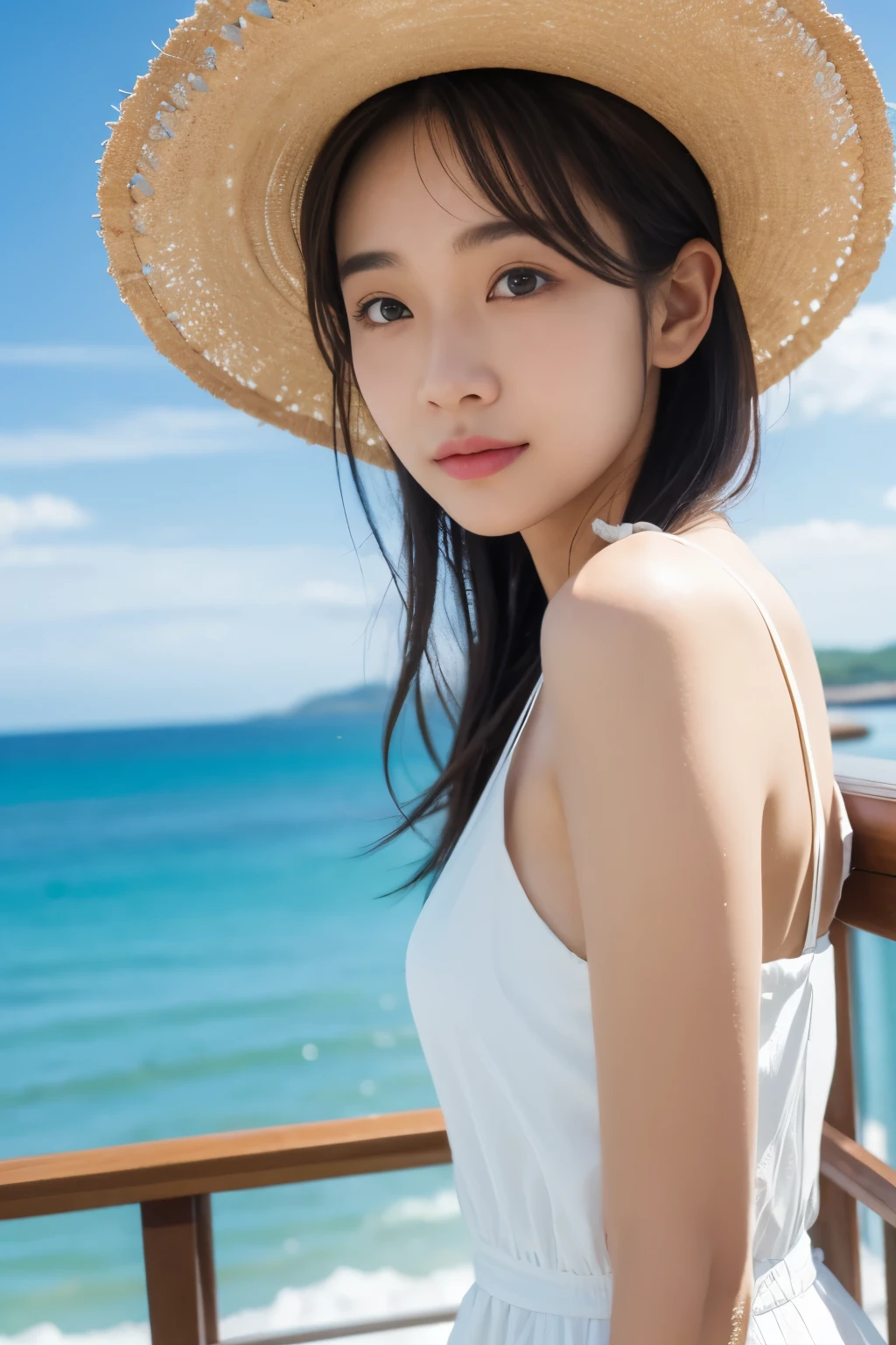 (8k、Highest quality、masterpiece:1.2)、(Genuine、Genuine、photoGenuineistic:1.37)、、Hyper Detail、Beautiful eyes in every detail、Beautiful nose down to the last detail、(White Dress)、(Straw hat)、(Summer Clouds)、Upper body close-up、charm,((stand up))、roof、handrail、Small Town、Summer Sea、blue sky、Sandy Beach、Front lens、Confused expression、