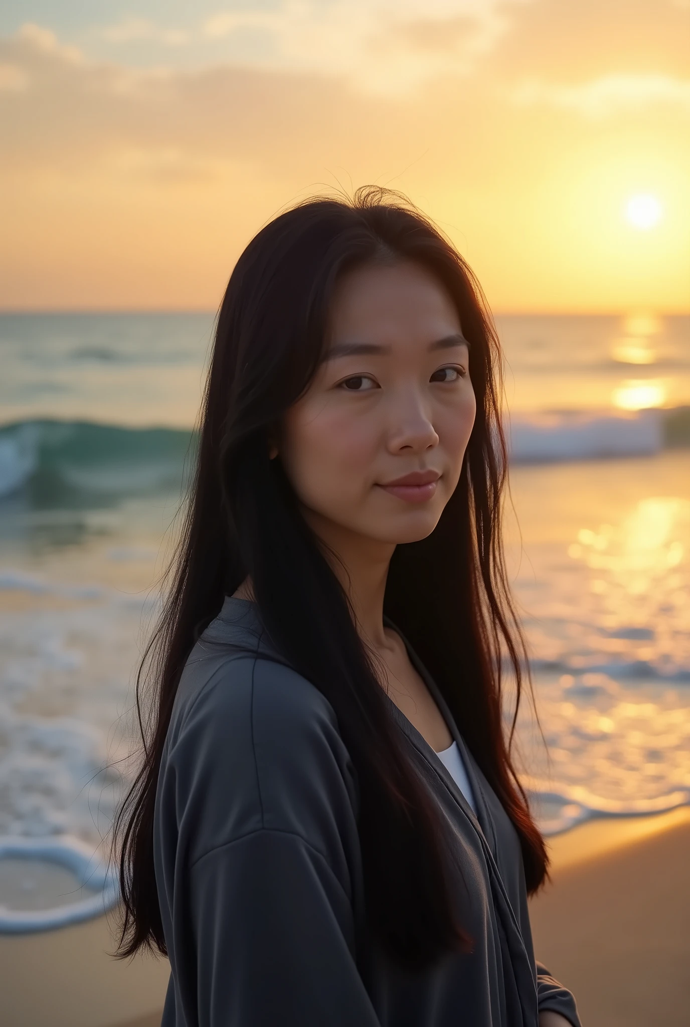 Japanese Mature,Ocean Background,Long straight black hair