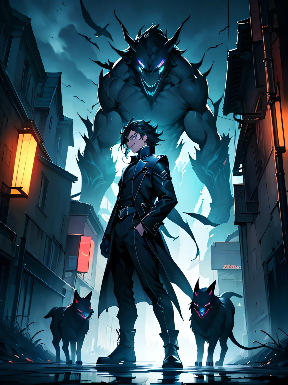 , shadowy figures emerge from the darkness—black monsters and warrior-like silhouettes, their forms blending into the night. Only their piercing blue eyes stand out, glowing with an otherworldly intensity. These creatures, both menacing and majestic, move in formation, their presence commanding attention as they march towards the end of the road. Above, the sky is alive with the flapping of dark birds, their own blue eyes mirroring those of the shadows below. The creatures appear in various sizes, with smaller ones leading the way, while larger beasts loom behind, creating a sense of depth and anticipation. At the forefront stands the main character, a striking figure dressed in a sleek, stylish outfit that catches the neon light. Their hair flows dramatically in the night breeze, exuding confidence and power.