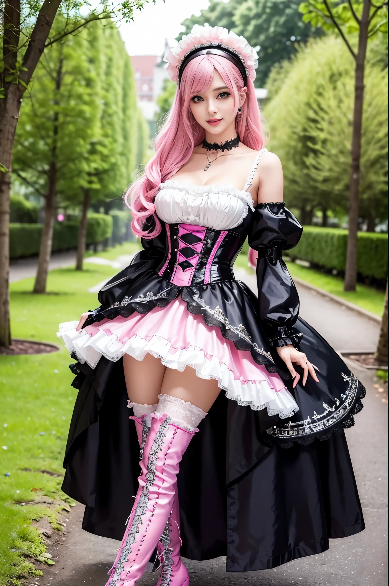sexy stylish Swedish model, only 1 female, ((doll-like appearance)), long neon pink stylish hair, ((shiny Victorian-Style boots)), (big smile), ultra detailed eyes, very detailed eye makeup, lipgloss, long lashes, defined eyebrows, ((sexy Paradise Kiss cosplay)), bell-shaped skirt, petticoats, high neckline, puffed sleeves, ((ultra detailed lace)), ((ultra detailed embroidery)), intricate details, Paradise Kiss accessoires and matching headpiece, choker, ((large sparkling Paradise Kiss jewelry)), cinematic light, detailed large park background with trees