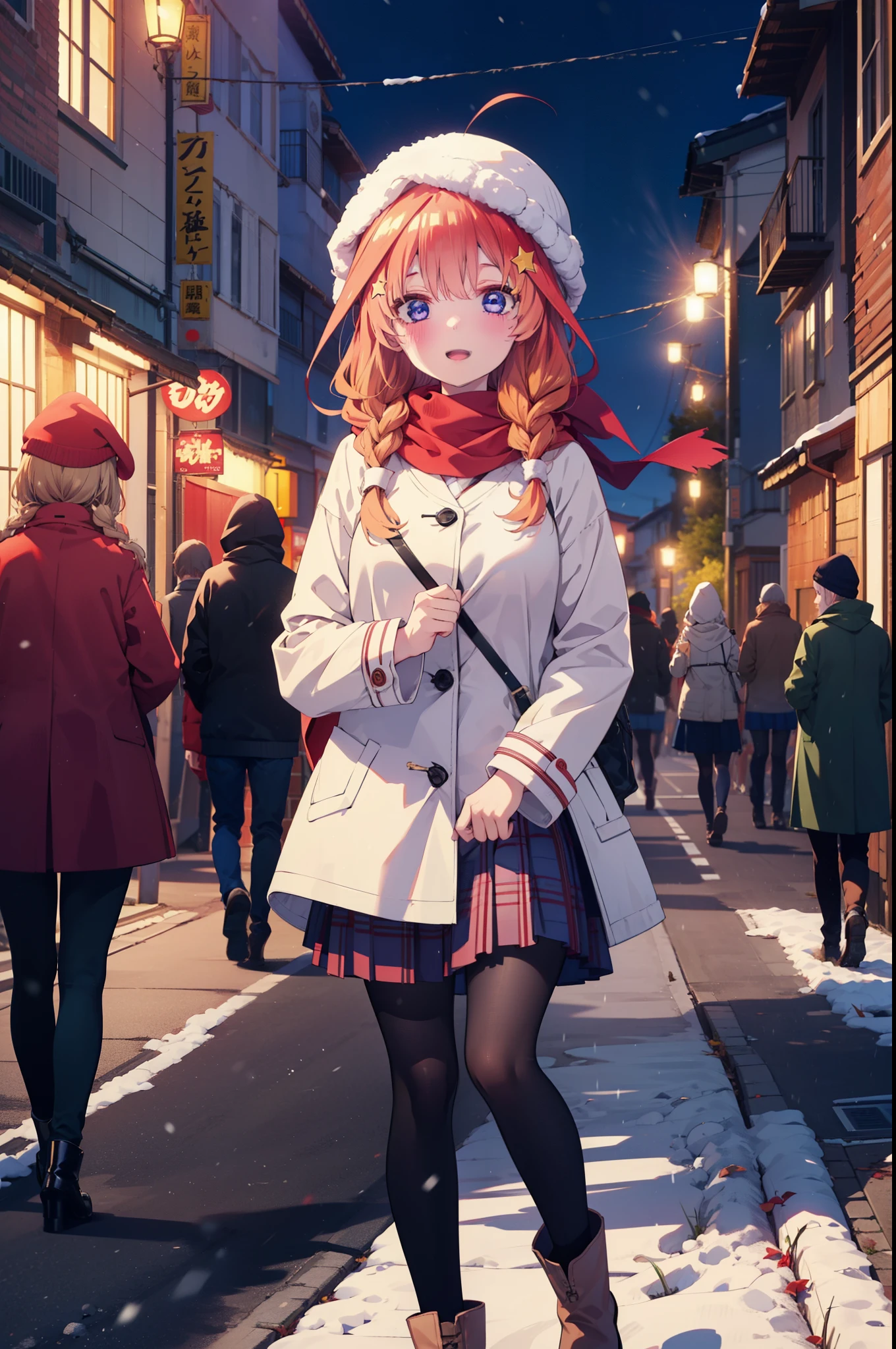 itsukinakano, Itsuki Nakano, bangs, blue eyes, Hair between the eyes, Ahoge, Redhead, star \(symbol\), hair ornaments, star hair ornaments,smile,Open your mouth,White Breath,blush,Long, thick braids,Knitted hat,White scarf,Red long coat,V-neck sweater,Black long skirt,Red pantyhose,short boots,snowが降っている,snowが積もっている,snow,snow,snow,snow,Walking,whole bodyがイラストに入るように,night,
break outdoors,Residential Street,
break looking at viewer, whole body,
break (masterpiece:1.2), Highest quality, High resolution, unity 8k wallpaper, (figure:0.8), (Beautiful attention to detail:1.6), Highly detailed face, Perfect lighting, Highly detailed CG, (Perfect hands, Perfect Anatomy),