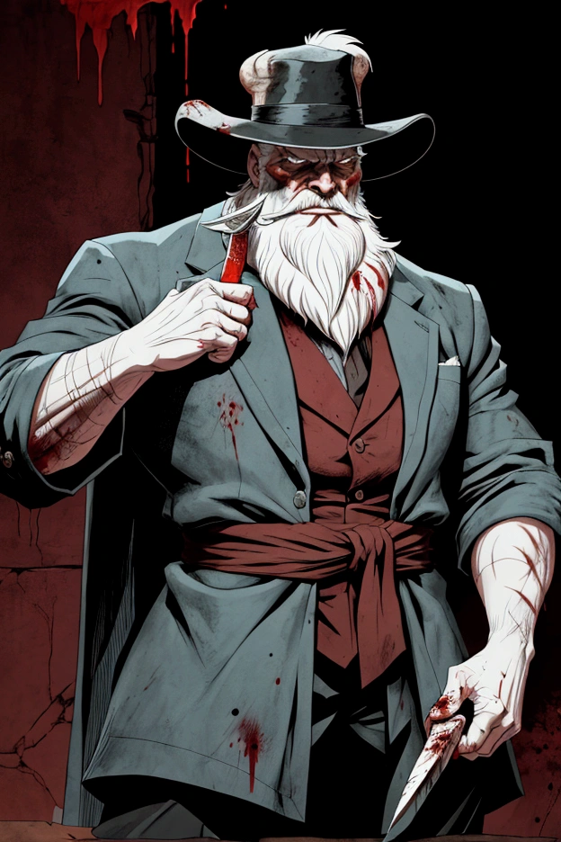 (masterpiece, best quality;1.3),(tarot card:1.2), 1guy, male focused, short white hair, white beard, old, mature and tall, sad expression, detailed face, hanged man in a suit tarot, bright halo, suit and tie, black suit, male_focus, symmetrical composition, long shadow, blood on hands, accurate five fingers hands, bloody hands,blood splash, ultra detailed, 8k, high quality, hq,