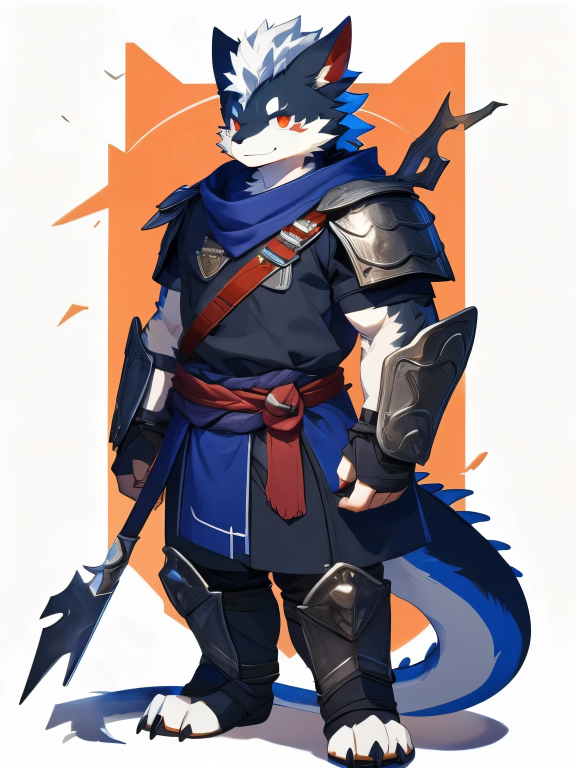 nj5furry，kemono，full-length portrait，anthro，hi res，male，White hair，Black Dragon，warrior，Metal Armor，strong，Fluffy hair，A tail，Delicate eyes，Detailed eyes