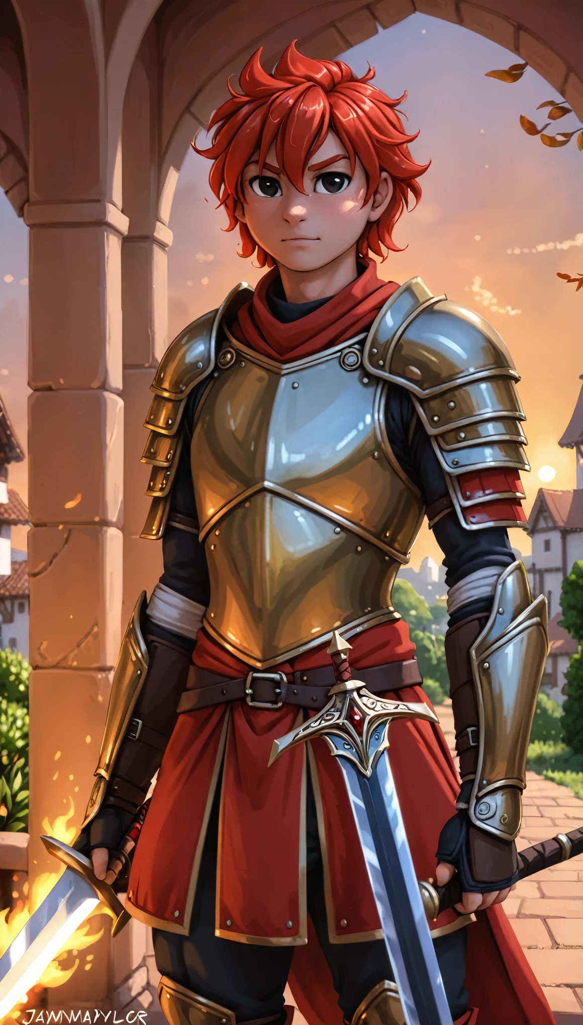 front view, best quality,  wide shot, 

An 18 year old man, red hair and black eyes, Wearing light red armor, holding a flaming sword.

[by Alex Timmermans:by jaynaylor:0.25],
detailed background, detailed foreground, depth of field, ambient silhouette, backlighting,

