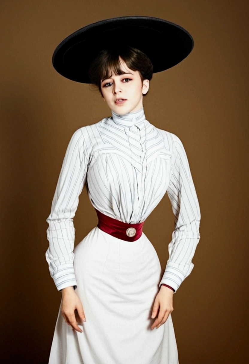 (((NSFW)). Teenage Gibson Girl of the 1900s (((fellating:1.5))). ((1900_dr3ss)). High-collar long sleeve shirtwaist. Wide-brimmed flat picture hat.