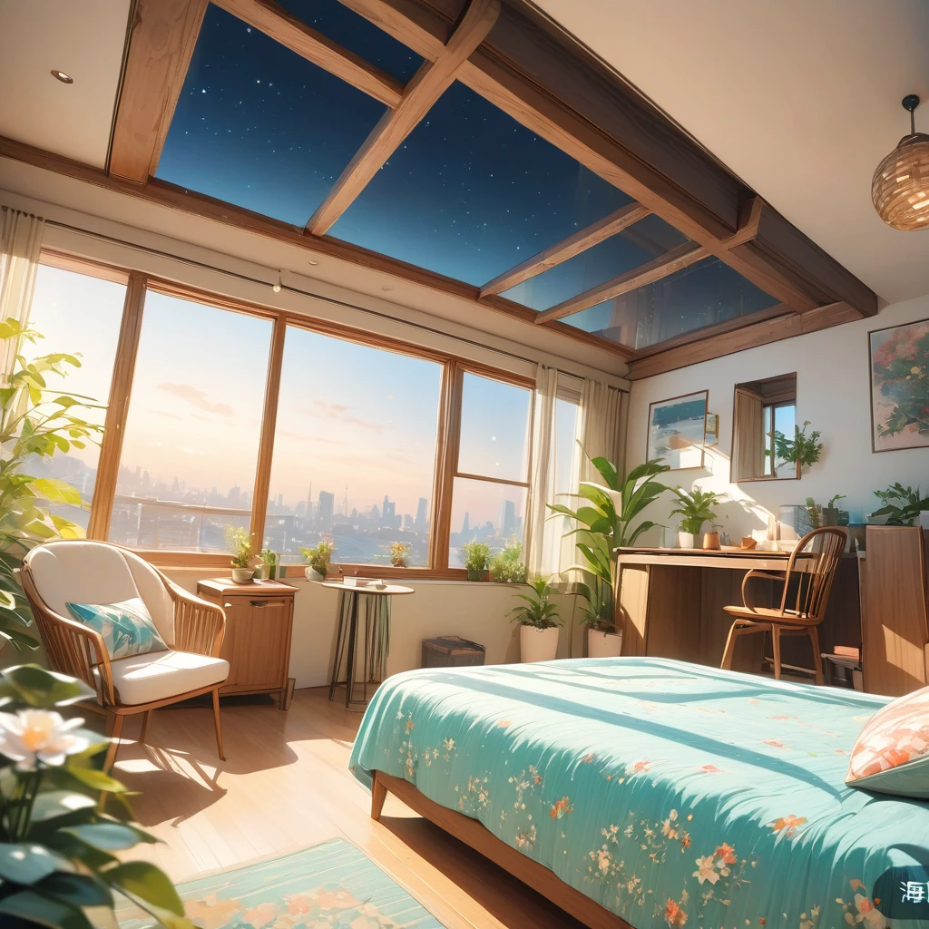 (masterpiece)，(high quality)，best quality，Reality，(Reality)，Ultra Detailed，(details)，(4K，8K，indoor，table，sofa，Potted plants，Chair，Solitary，Wide-angle lens，window，ground，Quilt，Pillow，Night view，大玻璃window