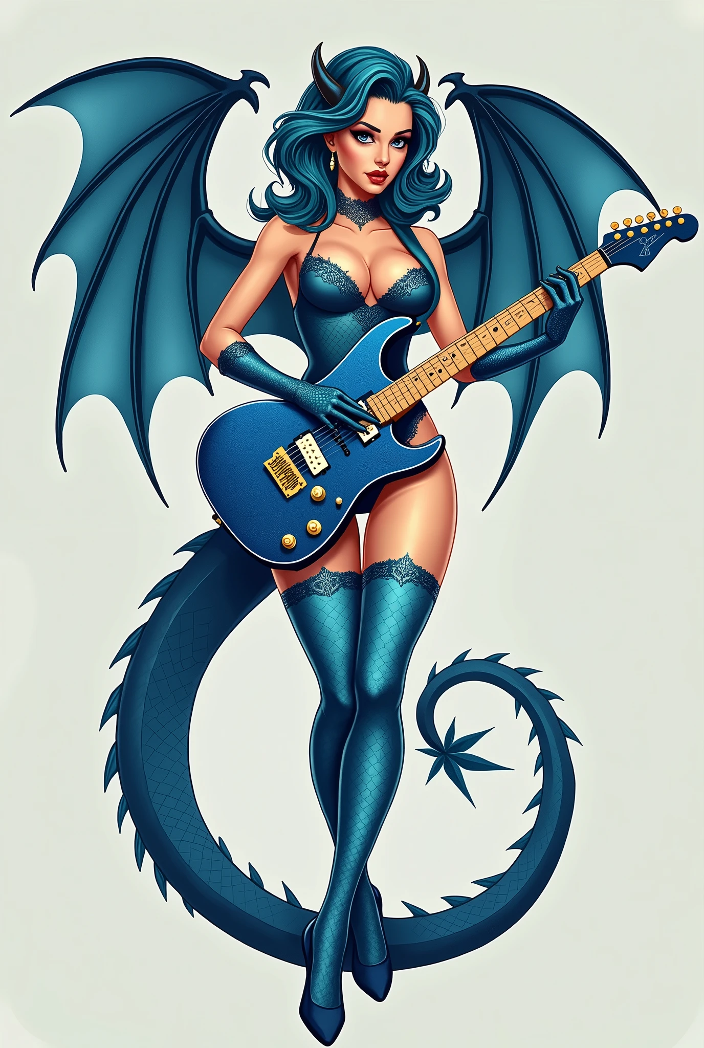 flat vector logo of a sexy voluptuous dragon girl. She has wings. She has blue scales over parts of her body. She is wearing an elegantly laced blue bodysuit. She is holding a blue sparkly fender stratocaster. semi realistic style