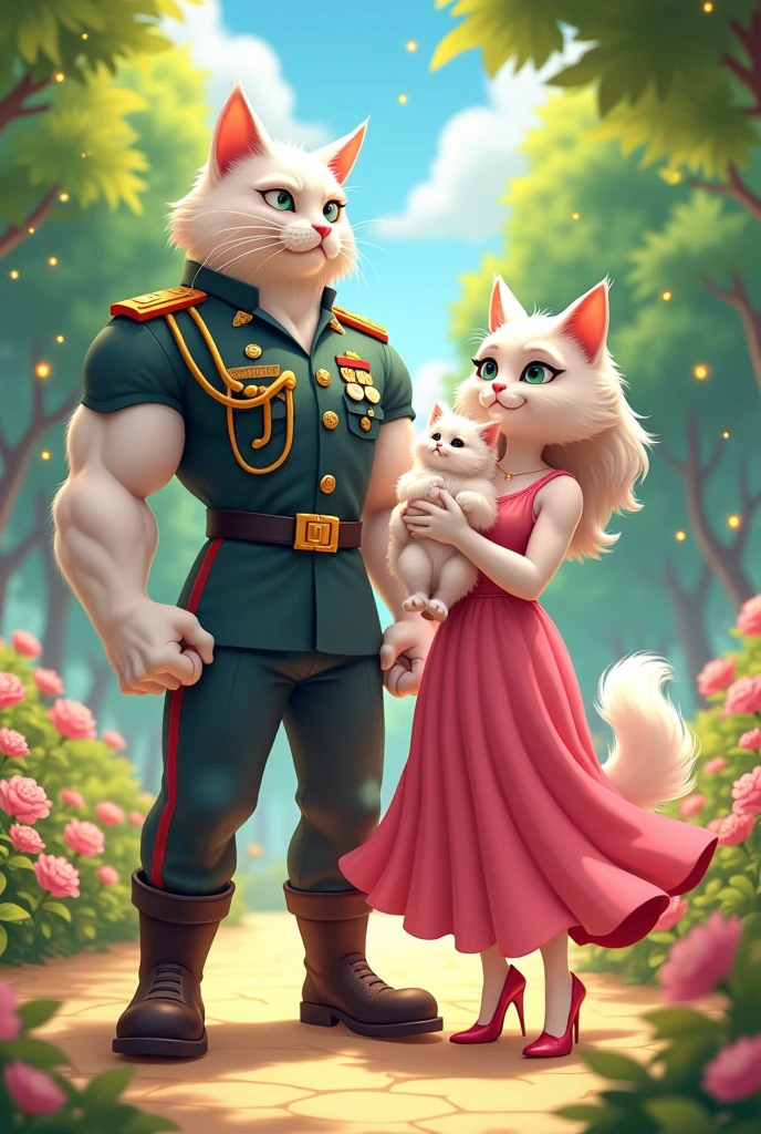 An animated white cat in army dress and muscular body and a beautiful white cat dressed in pink frock and wearing high heels holding a baby white kitten