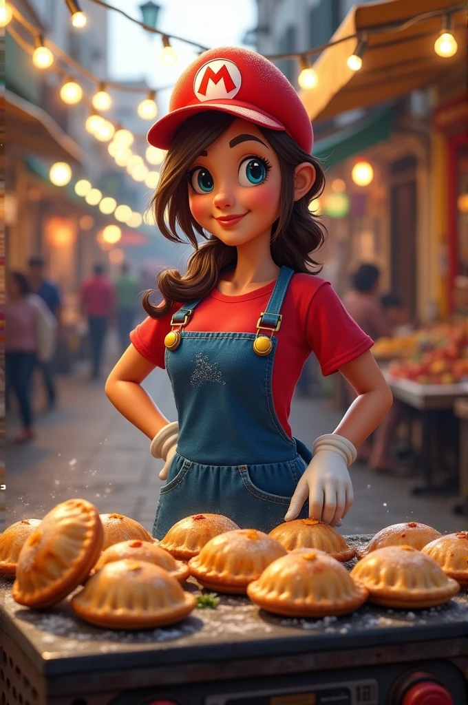 Female Mario selling empanadas