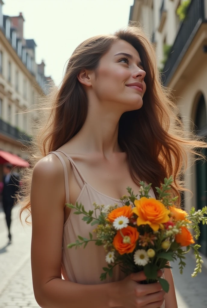 Long Hair Paris cityscape Upper Body Holding a bouquet outsider French cute Plain dress Profile view
Ear is visible Stylish atmosphere Close-up of face Not wearing accessories Antique atmosphere
Look up diagonally
