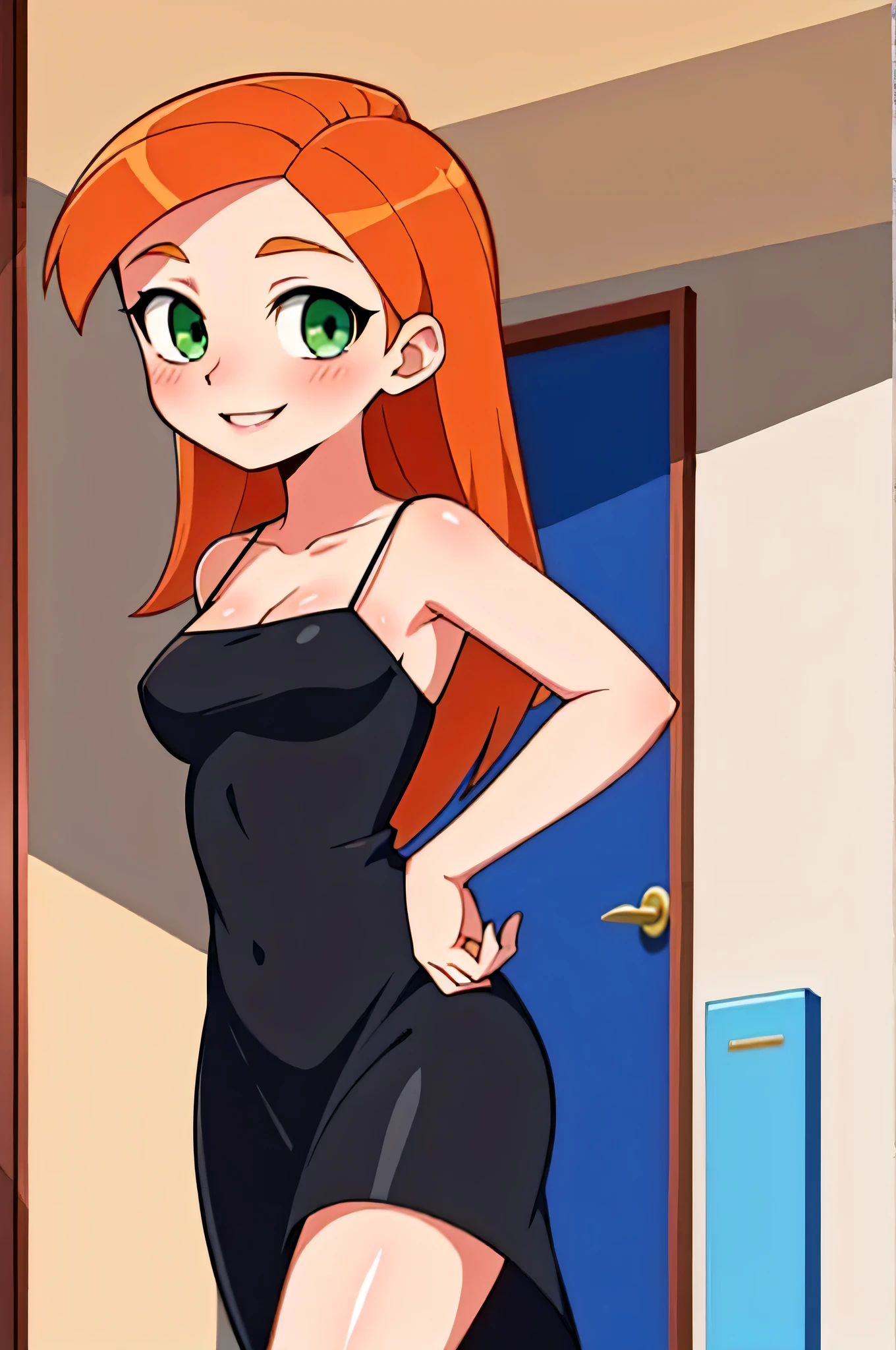 (kim possible:1.3), long hair, green eyes, (black spaghetti strap dress:1.3), blush, medium breasts, orange hair, black spaghetti strap dress, bare arms, bare neck, indoors room, standing up, sexy eyes, smile, Masterpiece, best quality, detailed background, intricate details, detailed, looking at viewers, cowboy shot