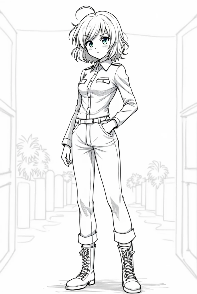 anime girl, 29 years old, wearing military uniform with pants, messy curly haircut, black hair, blue eyes, sincere face, landscape, day, office setting, good anatomy, good resolution, standing, proper face, bright, accurate, super detailed, wearing military boots, white background, monochrome, line draw ((sketch filter), full body