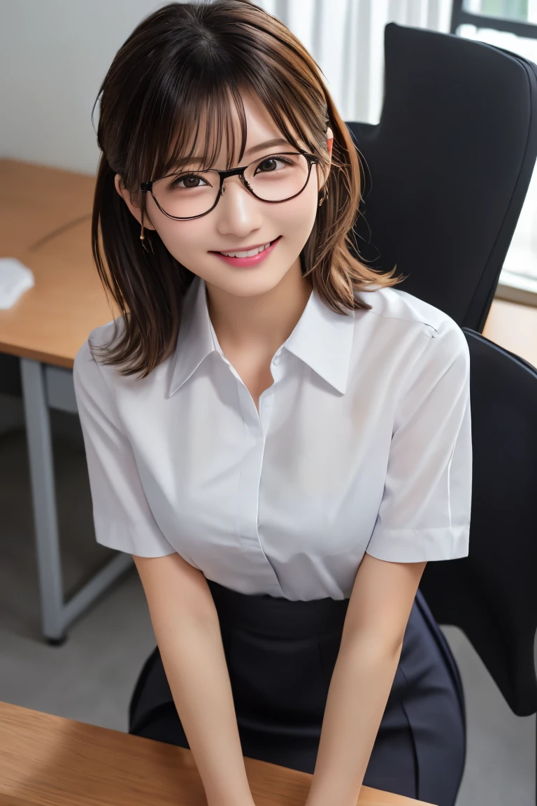 Highest quality, (beautiful)、beautiful女性、Precision Eyes、Brown Hair、Brown eyes、Glasses、Looking into the camera、Soft Breasts、Hair tied up on top of the head、office、Front-opening white business shirt、Sit on a chair、Black business skirt、Shoot from above、Upper Body、smile、