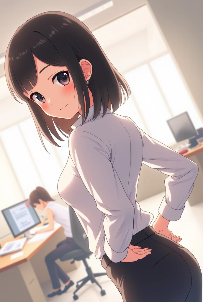 1girl, from behind, office, office trousers, big ass, white shirt, looking back, ((suguha kirigaya)), black hair, short hair, black pants, (huge ass)