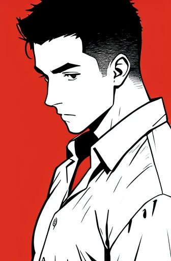 Man in a shirt、Monochrome、Only the background is red