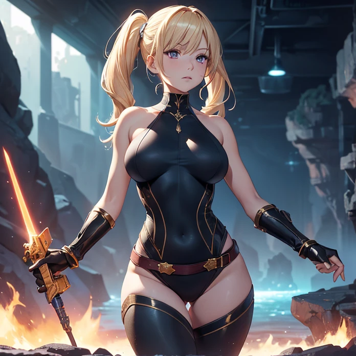 Absurdres, masterpiece, HD, high resolution, science-fantasy, alien, character alone, ordered context, best quality, epic story dramatic and conspiracy, best features and characteristics, full body, cowboy shot view
{{1character:50 years old blonde haired elder beauty woman:(pale skin, red eyes, blonde hair tied in two high twintails, blonde long freinge near the face, short nose, clenching mouth, aggressive expression, medium breasts, voluptuous figure, absolute beauty, beautiful arms, beautiful legs, beautiful feminine body),(black highleg leotard, gold gauntlets, gold shoulderpads, black armsleeves, white leggings, two white belts),(running to fight, left arm with a laser shotgun, right arm with a sword, brave demeanor),(blue landscape, orange lava river at the left, light-blue sky, blue mounds around)}}
