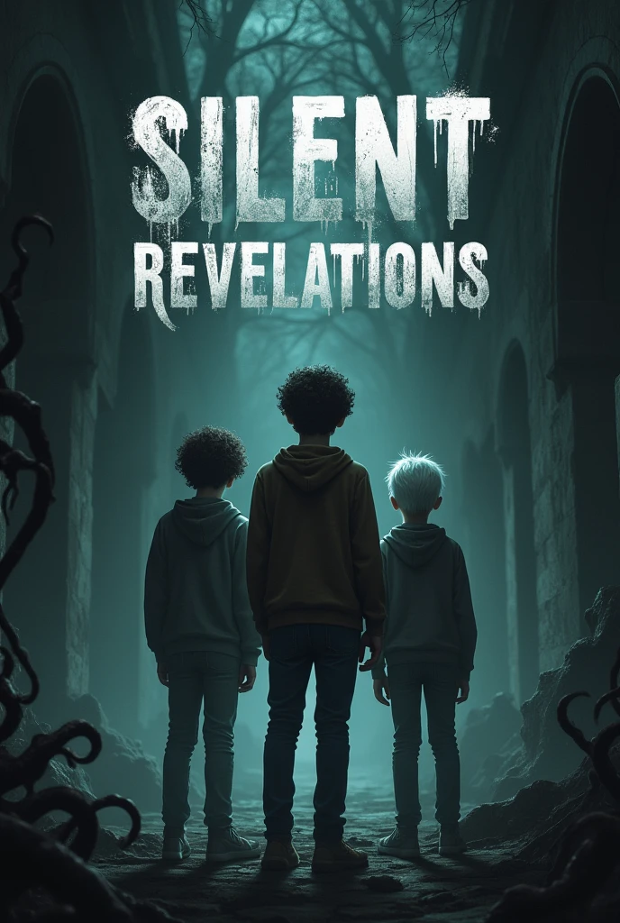 Could you create an icon for a horror server that has the Silent Hills font, and that are written in the center "Silent Revalations". Put some things like Lovecraft, Hellraiser and horror themes make her square please. And put three teenage BOYS, one with curly brown Mexican hair, one with medium wavy white French hair, and another one with white Japanese hair 